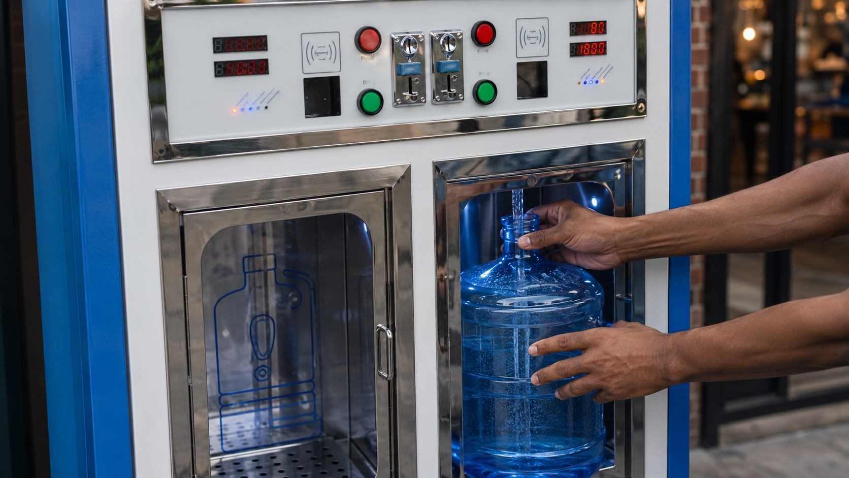 Refilling a reusable water jug at the Water Is Life station